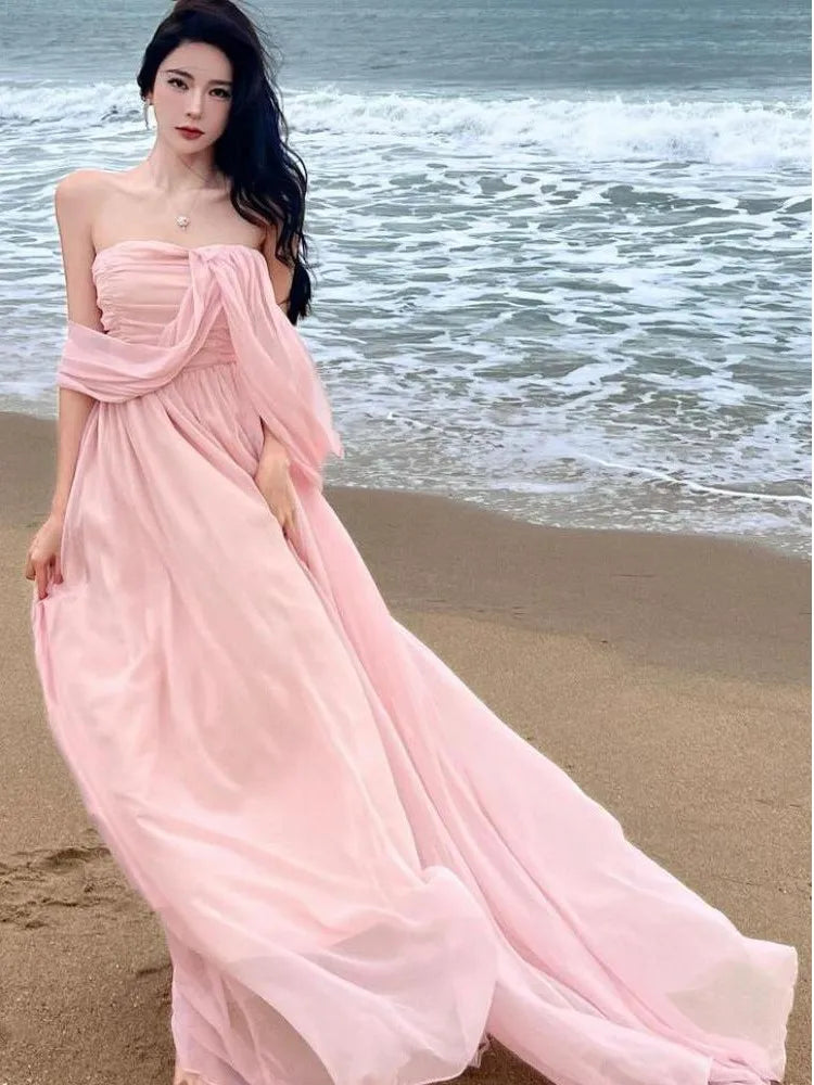 Summer Pink Pleated High Waist Split Long Dress Backless Halter Strapless Fairy Dress Female Vestido