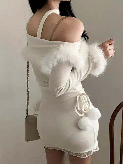 Kawaii Halter Mini Dress Sweet Bodycon Princess Christmas Birthday Party Dresses Autumn Female Slim Fit Short Vestidos Mujer New