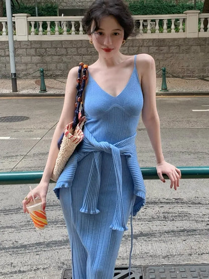 Knitted 2-piece Dress Set Crop Cardigan V-neck Spaghetti Strap Bodycon Midi Dress Autumn New Female Clothing