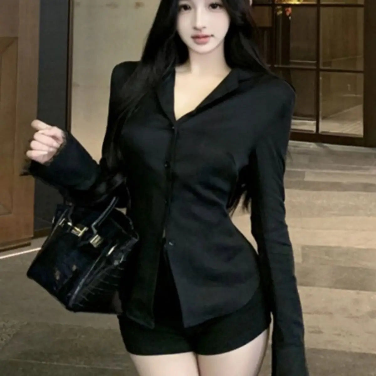 Backless Lace Youthful Black Long Sleeve Shirt V Neck Patchwork Basic Blouse Lady Office White Top