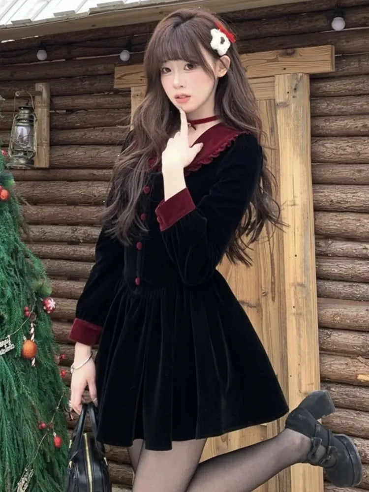 Black Velvet Dresses French Sweet Birthday Party Mini Dress Autumn Spring Female Pleated Aline Short Vestidos