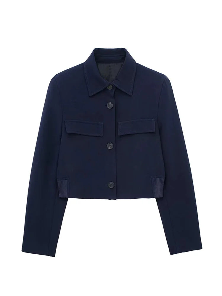 Spring Lapel Cropped Jacket Woman Long Sleeve Fake Pockets Coat Female Single Breasted Jackets