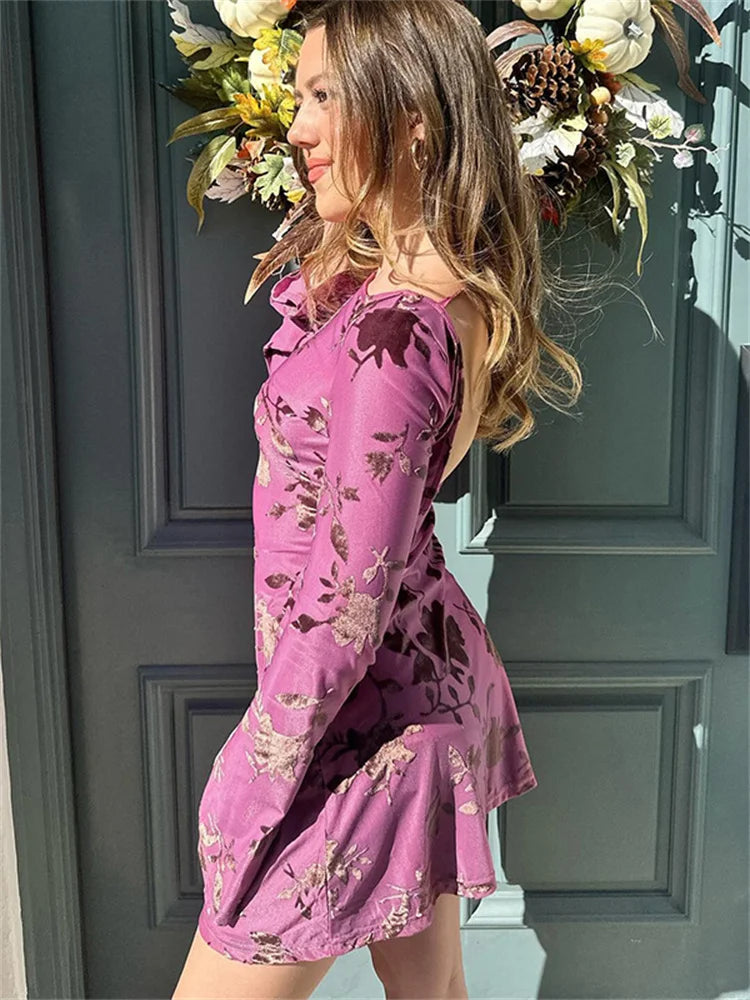 Backless Printed Backless Mini Dress Female Seethrough Laceup Patchwork Bandage Dress Summer Dress