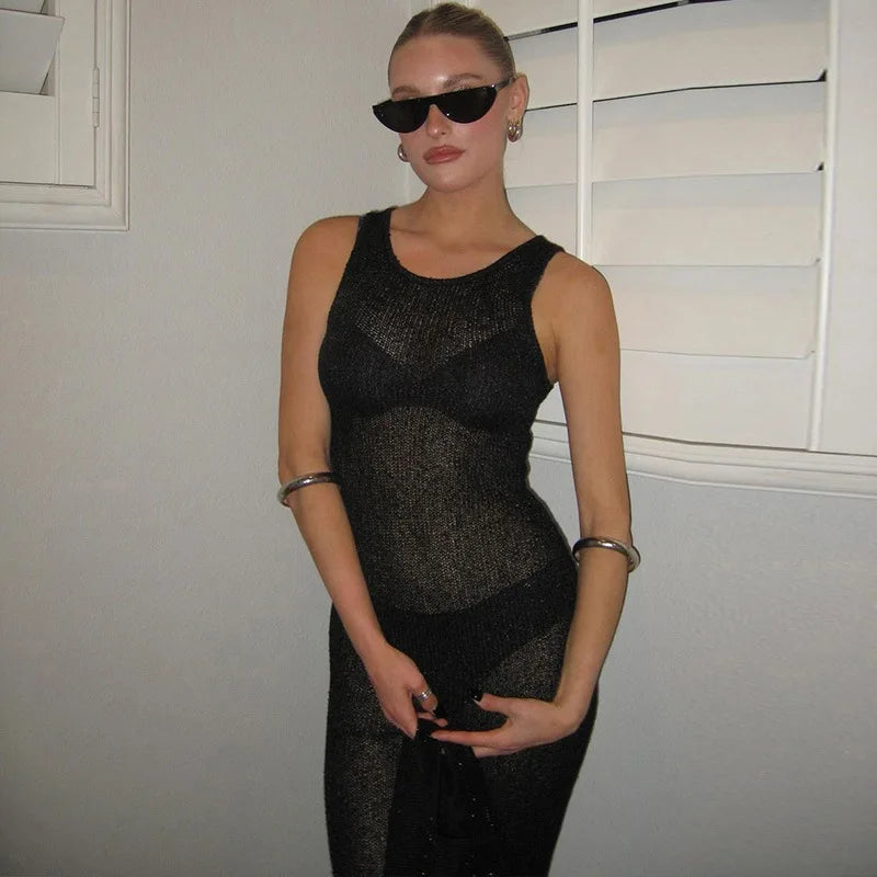 See Through Sequins Maxi Dress for Beach Holiday Dress Sleeveless High Waist Bodycon Hot Girl Outfits