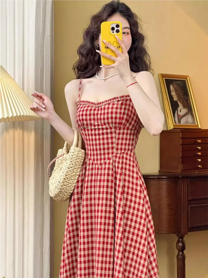 Plaid Midi Dress French Spaghetti Strap Aline Spring Summer Holiday Beach Style Prom Robe Vestidos Mujer