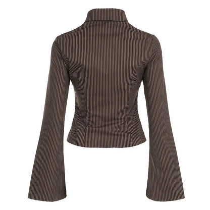 Brown Striped Blouse High Street Fitted Tee Shirt 2000s Button Top Fall Outfits