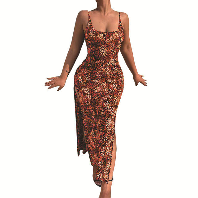Leopard Print Slim Long Dresses Low Cut Backless Package Hip Bodycon Slit Dress Female Summer New
