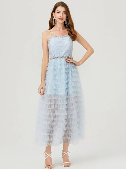 Pearls Sequins Diamonds Blue Mesh Cake Long Dress Spaghetti Straps Wedding Evening Party Bridesmaid Clothes