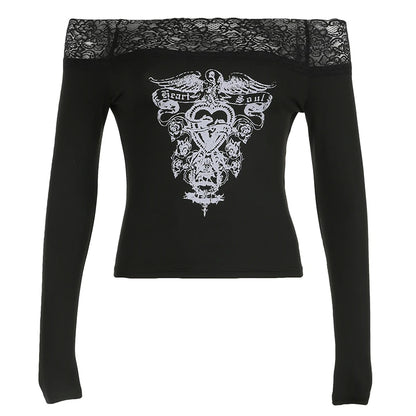 Gothic Retro Lace Trim Slash Neck Blouses �� Long Sleeve Y2k Darkly Print Autumn Tops