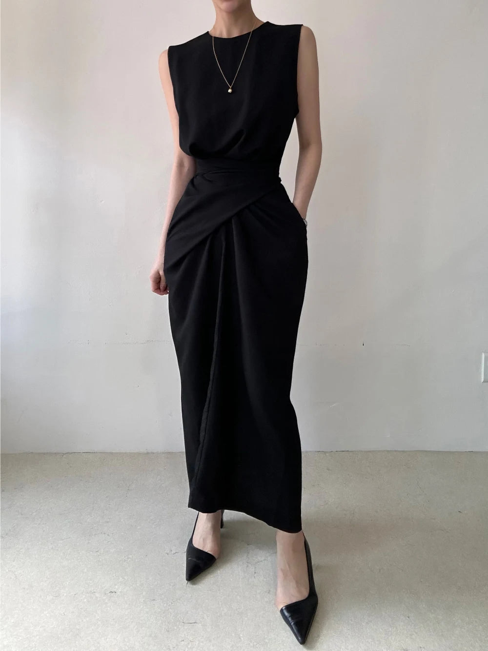 Sweet Hot Girl Pure Twist Laceup Dress Autumn Slim Sleeveless Long Dress Female Clothes