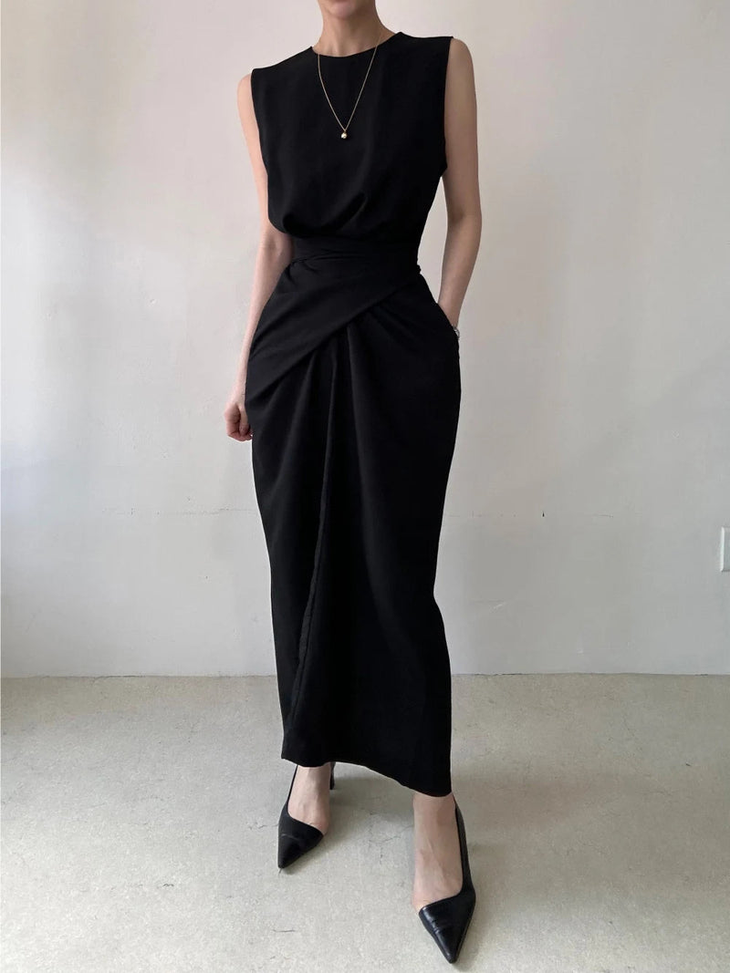 Sweet Hot Girl Pure Twist Laceup Dress Autumn Slim Sleeveless Long Dress Female Clothes