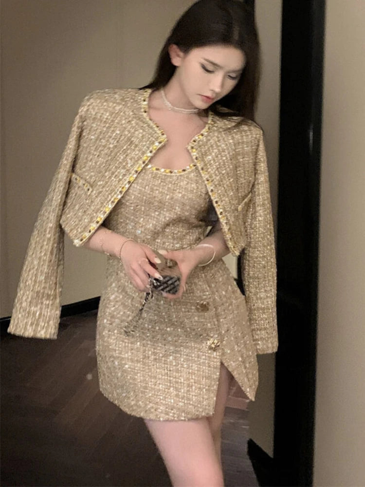 Gold Tweed 2 Piece Suit Jacket for Autumn Winter Designers Wool Coat + Strap Mini Dress Korean