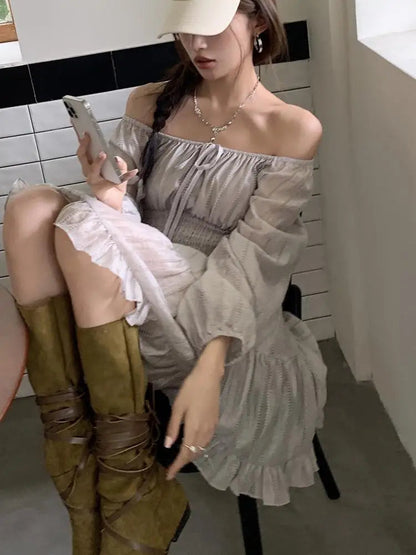 Summer New Gray Ruffles Laceup Pleated Mini Dress French High Waist Long Sleeves Vacation Short Dress Simple