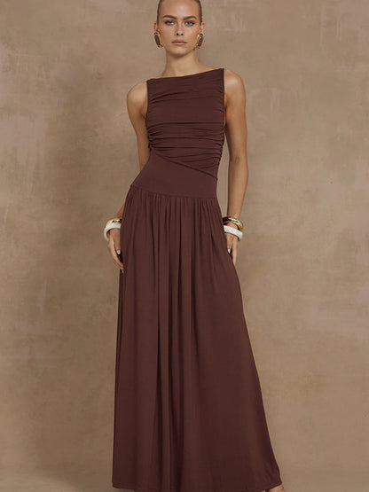 Artcat Sleeveless Round Neck Bodycon Long Dress for Folded Slimming Party Evening Dress Female Tight Vestido