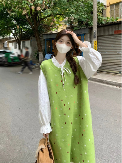 Sweet Forest Colored Sleeveless Polka Dot Vest Dress Autumn Loose Tassel Mint Manwave Long Dresses