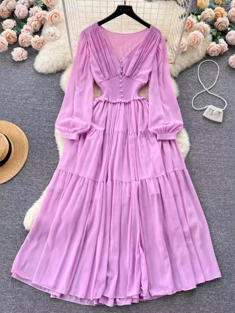 Chiffon Long Dress V-neck Long Sleeved Dresses French Pleated Slim A-line Long Robe Vestidos