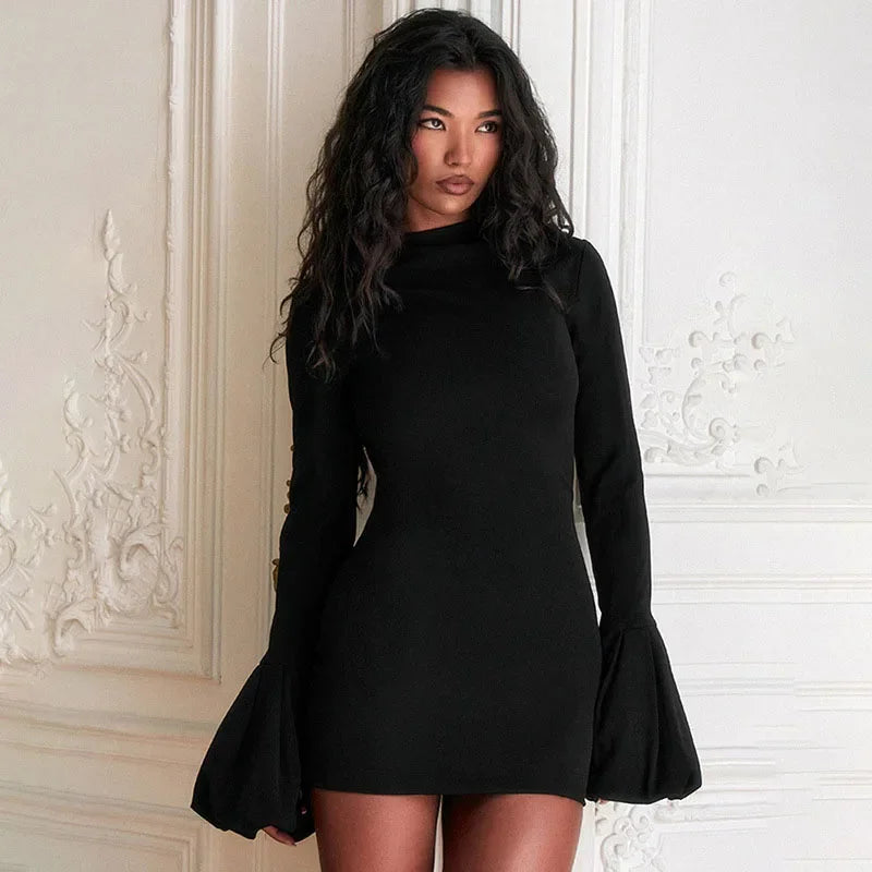 Pull Sleeve Black Mini Dress Female High Waist Long Sleeve Dresses Club Party Bodycon ’s Clothing