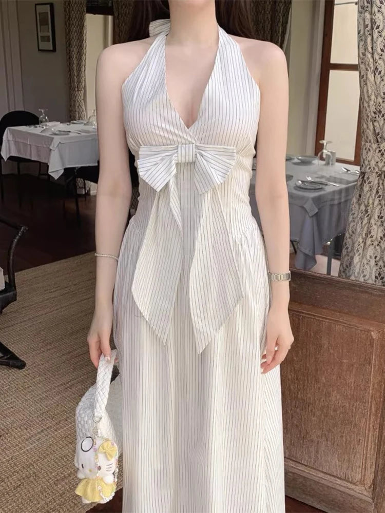 French Vacation Style Hanging Neck Striped Vest Dress Summer New Design Butterfly Bow Long Dresses