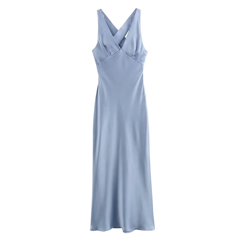 Vneck Party Long Dress Satin Sleeveless Slim Fit Dresses Zipper Female Backless Maxi Dress