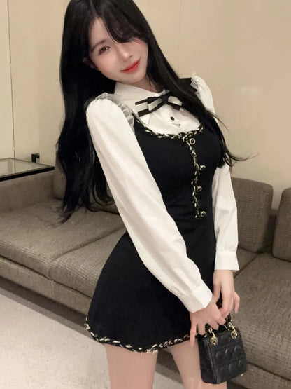 Y2k Fake Two Piece Mini Dress for Patchwork Long Sleeve Sweet Birthday Party Shirt Dresses Office Lady Vestidos