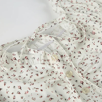 Print Ruched Aline Blouse French Style Singlebreasted Short Sleeve Top Slimming Tieup Collar Shirts
