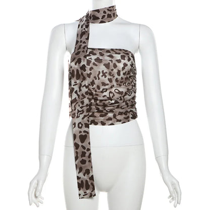 Tulle Leopard Print Top With Bandeau Off-the-shoulder Straight-cut Neckline Summer for Summer Blouse