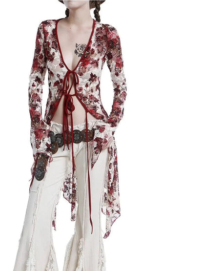 Print Blouse Female Gothic Style Red Flare Sleeve Mesh Transparent Shirt Slim Emo Laceup Cardigan