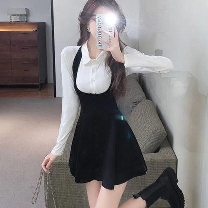 Autumn New Two-piece Skirt Sets Long Sleeve White Blouse High Waist Halter Mini Dress Korean Y2k Harajuku Outfits