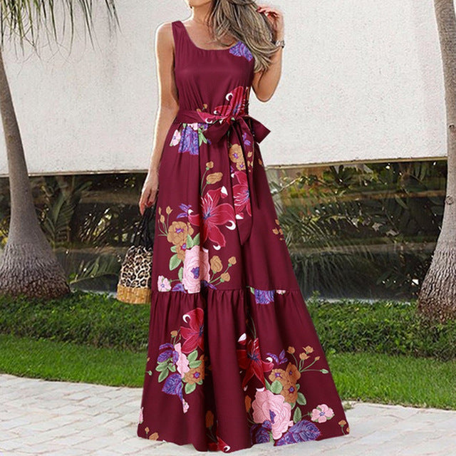 Summer Flower Print Sleeveless Long Dresses Vacation Style Dress O Neck High Waist Leace-up Maxi Vestidos