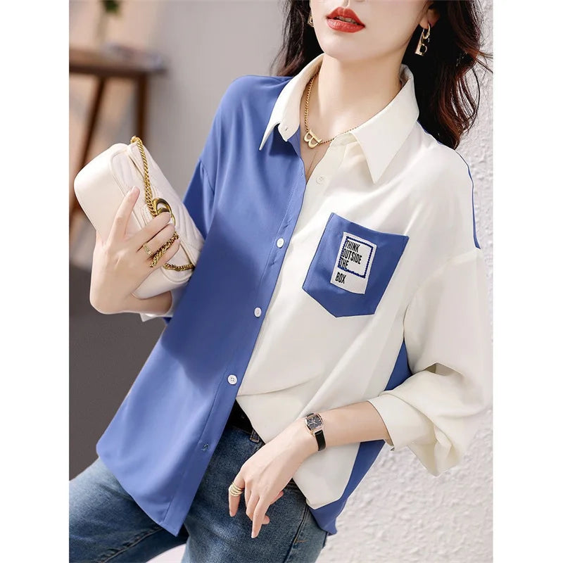 Woman Spring Autumn Style Blouses Shirts Lady Long Sleeve Turn-down Collar Patchwork Printed Blusas Tops Df4852