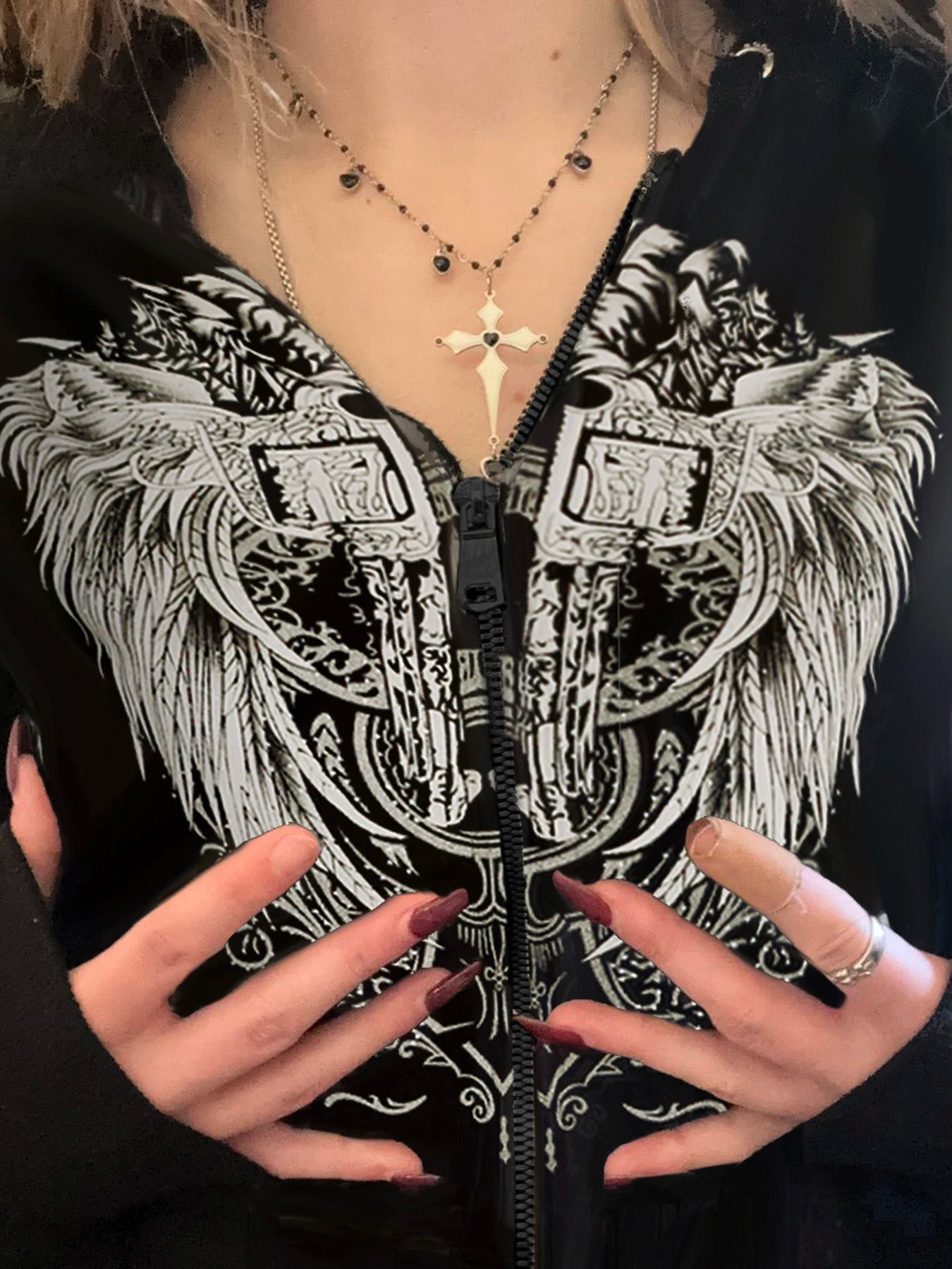 Y2k Darkly Retro Zip Up Hooded Coat Long Sleeve Basic S Diamonds Print Sweats Cardigan