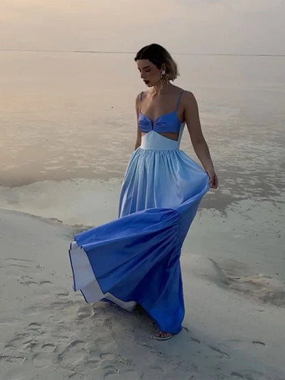 Pleated Hollow Out Long Dress for Patchwork Sleeveless Backless Dresses Vacation Lady Evening Party Robe
