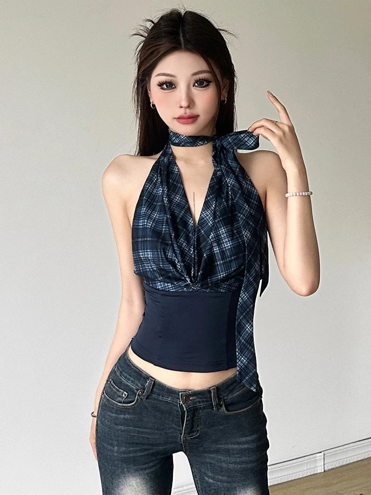 Korean Sleeveless Tank Tops Plaid Y2k Crop Top Female Outdoors Backless Blouse