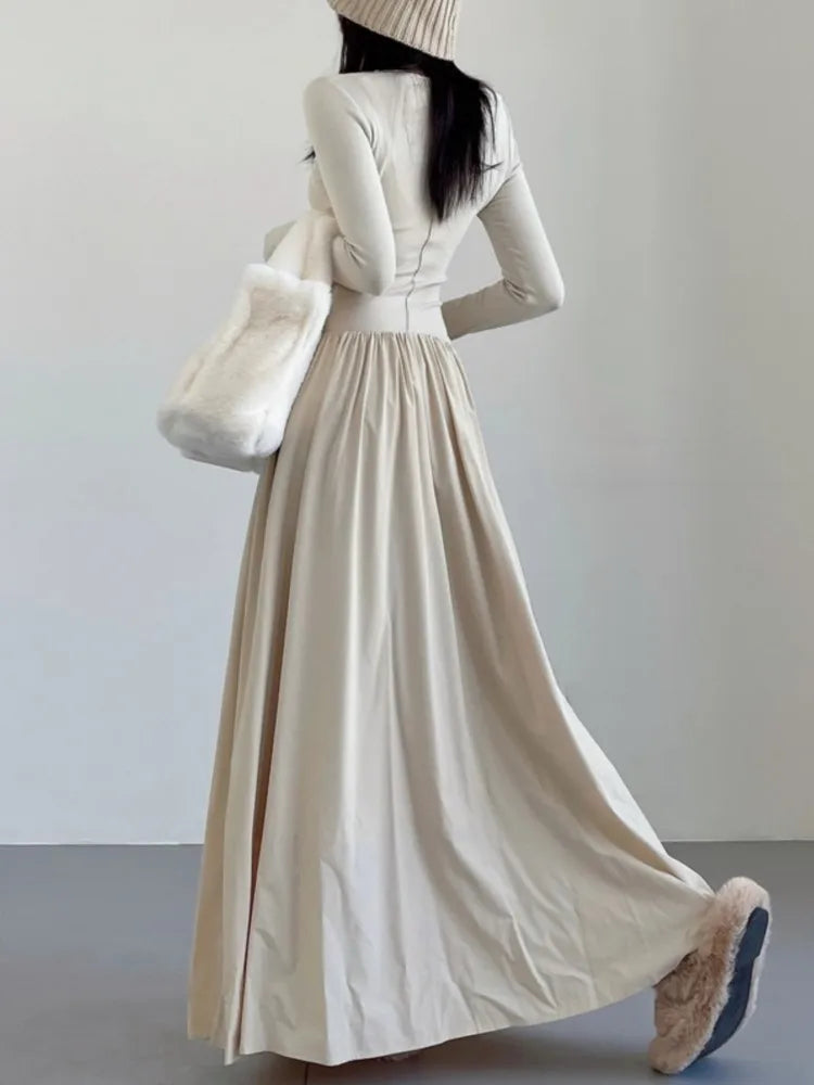 Patchwork Long Dresses for O-neck Long Sleeves A-line Autumn Spring Korean One Piece Vestidos Mujer New