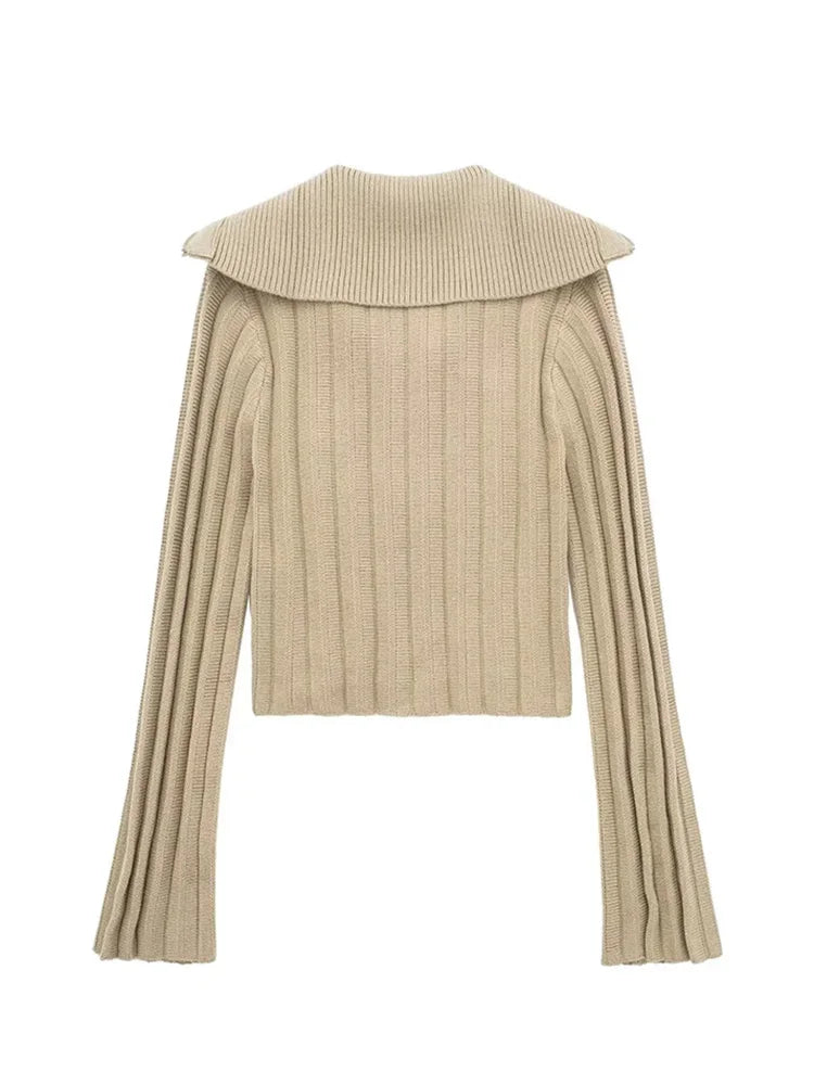 Spring Zip Up Cropped Cardigan Rib Sailor Collar Long Sleeve Slim Sweaters Female Knitted Tops