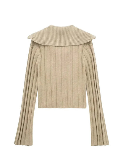 Spring Zip Up Cropped Cardigan Rib Sailor Collar Long Sleeve Slim Sweaters Female Knitted Tops