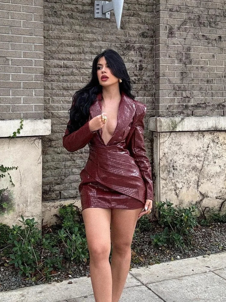 Deep V Red Lattice Leather Mini Dress Long Sleeve High Waist Fold Slim Dresses Lady New Highstreet Short Robe