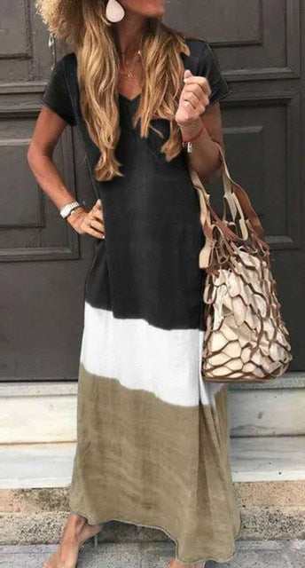 Loose Contrasting Colors Long Dresses Summer V-neck Short Sleeves Maxi Dress Female Commuting Vestidos New