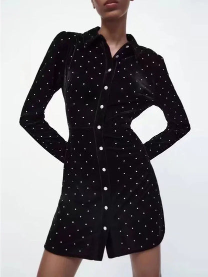 Dot Velvet Mini Dress Turn Down Collar Single Breasted Long Sleeve Skirt Autumn Female Dresses
