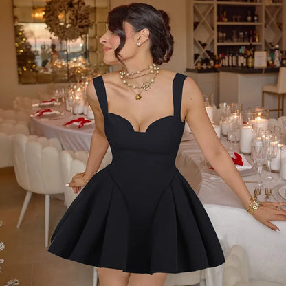 New Party Spaghetti Strap Dress ’s Backless Mini Dress Plunge Folds Suspender Dress Female