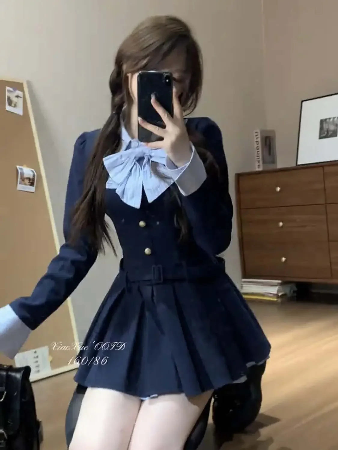 Korean College Style Fake Two Piece Spliced Bow Long Sleeve Pleated Dresses for Autumn Sweet Waist Slim Aline Mini Dress