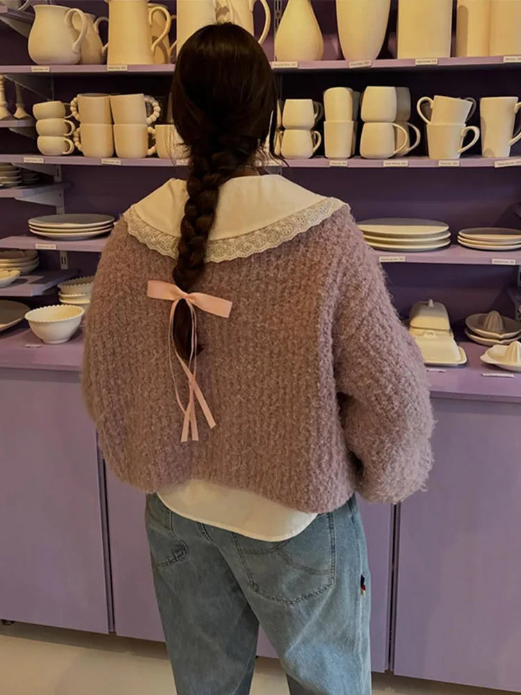Retro Plush Single Breasted Cardigan Loose O-neck Short Sweaters Female Winter Autumn Street Knitwear