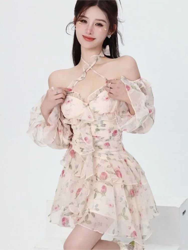 Summer Sweet Print Chiffon Dress Long Sleeve Ruffles Party Mini Dresses Female Korean Slim Vestidos