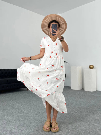 Embroidery Maxi Dresses for Summer Puff Sleeve Slim White Dress Party Club Aline Dress