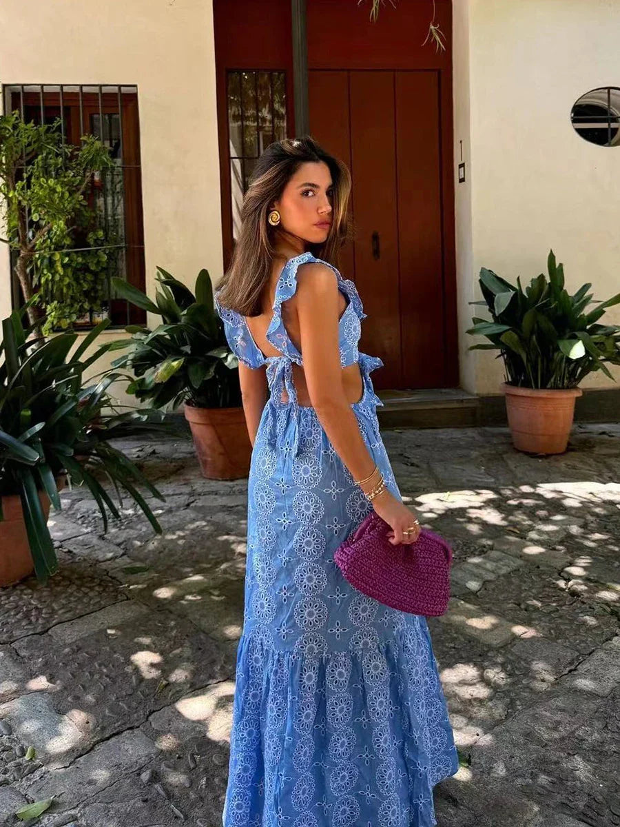 Blue Hollow Out Embroidered Midi Dress Summer New V Neck Sleeveless Ruffle Long Dresses Holiday Vestidos