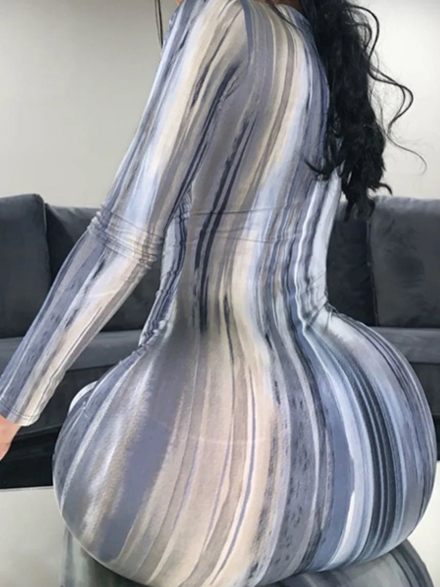 U Neck Tie-dye Print Bodycon Midi Dress