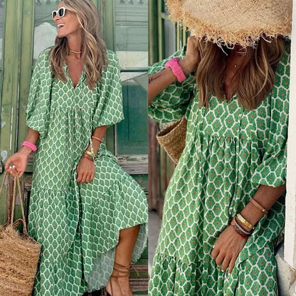 Puff Sleeve Maxi Dress Print V-neck Loose Holiday Beach Party Vestidos