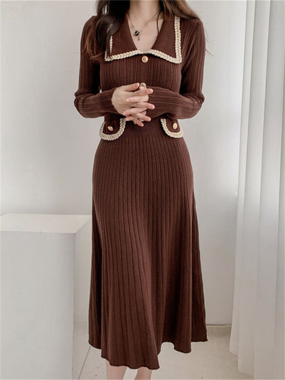 Female Long Dress Pocket Knitwear Ribbed Patchwork High Waist Commute Slim Party Dress Autumn Knit Dress