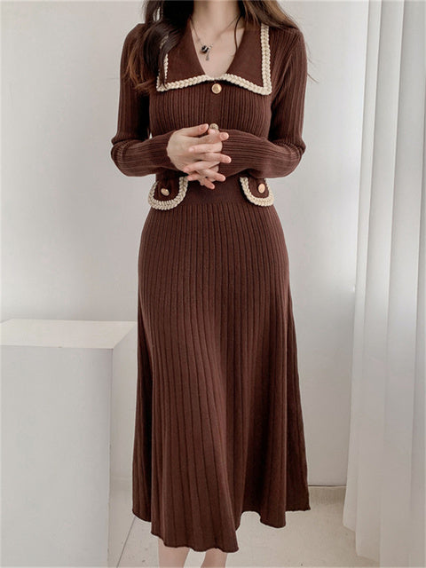Female Long Dress Pocket Knitwear Ribbed Patchwork High Waist Commute Slim Party Dress Autumn Knit Dress