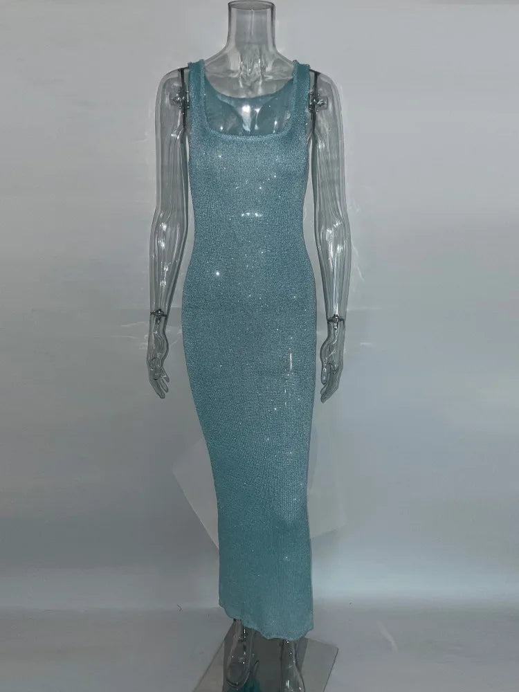 Sequin Slim Maxi Dress Female Backless Glitter See-through Patchwork Autumn ’s Long Club Party Dresses Vestido